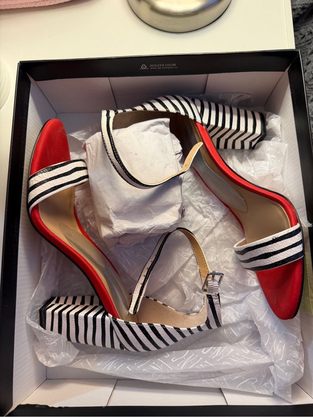 INC International Concepts Red with Black-White Striped Block Heels